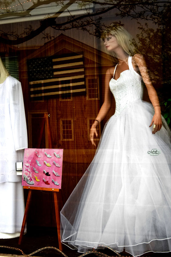 wedding dress with shoe options and flag